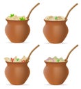 dumplings of dough with a filling and greens in clay pot set icons vector illustration