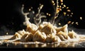 dumplings falling into abstract flour splash design