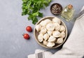 Dumplings with meat. The Russian traditional dish is Siberian pelmeni. Served with fresh herbs, butter and vegetables Royalty Free Stock Photo