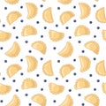 Dumplings pierogi, varenyky, pelmeni with blueberries seamless pattern. Vector hand drawn illustration.