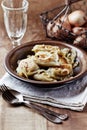 Dumplings with potato and cottage cheese stuffing pierogi. Traditional Polish Christmas Dinne Royalty Free Stock Photo