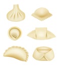 Dumplings realistic. Dough products pierogi asian dumplings wontons and manti with stuffing vector illustrations set