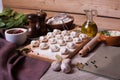 Dumplings rural village board bay leaf still-life Royalty Free Stock Photo