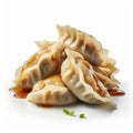 Delicious Pork Dumplings With Sauce On White Background