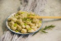 Dumplings, sticks on concrete background serving Royalty Free Stock Photo