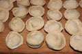 Dumplings on a wooden board. Top view on wooden table with homemade food. Uncooked handmade dumplings on a wooden plate