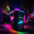 Dumpster with neon graffiti. Night shooting. AI-generated image