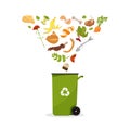 Dumpster with products flying into it. Cartoon food garbage. Illustration for food processing and compost, organic waste, zero
