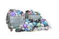 Dumpsters being full with garbage and big pile of garbage in black blue trash bags isolated on white background. Ecology concept. Royalty Free Stock Photo