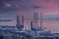 Dundee Oil Rig Decomissioning Yards on the East Side of the City of Dundee in Scotland at sunset Royalty Free Stock Photo