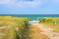 Dune crossing on the beach at Zingst. Dune grass, white sand and the blue Baltic Sea Royalty Free Stock Photo