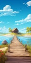 Cartoonish Wooden Pier On Scenic Landscape: Dreamlike Villagecore