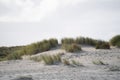 Dunes with a grass meadow and a cloudy sky in the background. Royalty Free Stock Photo