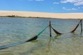 Dunes and hammocks in the water, Jericoacoara, Brazil Royalty Free Stock Photo