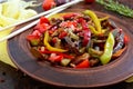 Dungan eggplant. Baked vegetables salad. Eastern cuisine