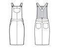 Dungaree dress Denim overall jumpsuit technical fashion illustration with knee length, normal waist, high rise, pockets