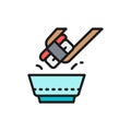 Dunk sushi in soy sauce, japanese cuisine flat color line icon.