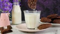 Dunking one double chocolate chip homemade cookie in glass of milk.