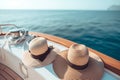 duo on a boat deck with sun hats Royalty Free Stock Photo