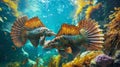 A duo of Dimetrodon swimming side by side in the ocean their fins brushing against each other in a display of