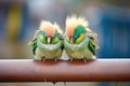 a duo of parakeets preening each other on a park bench Royalty Free Stock Photo