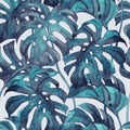 Duo tone colored monstera leaves seamless pattern. Tropical leaf sketch Royalty Free Stock Photo