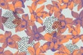 Duo tone colored orchids seamless pattern with minimal shapes, doodles Royalty Free Stock Photo