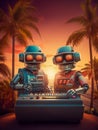 A duo of vintage robot DJs behind a DJ console invites you to an incendiary disco party with electronic music. Palm