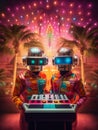 A duo of vintage robot DJs behind a DJ console invites you to an incendiary disco party with electronic music. Palm