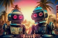 A duo of vintage robot DJs behind a DJ console invites you to an incendiary disco party with electronic music. Palm