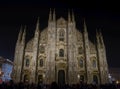 Duomo cathedral in the city centre Milan, Italy front view at night in winter. Duomo beautiful architectural details Royalty Free Stock Photo