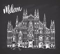 Duomo cathedral in Milan, Italy. Hand drawn sketch of Italian famous church building with lettering Milan, vector illustration on Royalty Free Stock Photo