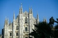 The Duomo Cathedral in Milan, Italy with the newly planted palm trees and the equestrian statue of Vittorio Emanuele II.