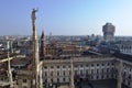 Duomo of Milan roof,  the Royal Palace, cathedral steeple, tower of the Church of San Gottardo in Corte and Velasca tower. Royalty Free Stock Photo