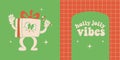 Duotone cards with Retro Cartoon funny gift box Christmas character and vintage groovy quote - Holly Jolly vibes. Vector