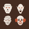 Duotone Cartoon halloween monsters set. Smiley and evil emotions