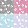 Set of multicolored vector backgrounds with paw print. Duplicate patterns and textures can be used for printing onto fabric, web