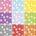 Set of multicolored vector backgrounds with paw print. Duplicate patterns and textures can be used for printing onto fabric, web