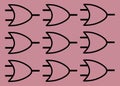 Duplicates of An electrical electronic symbol of an OR logic gate used in line diagram light red cherry maroon backdrop