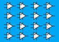 Duplicates of an electrical electronic symbol of an Operational Amplifier component light blue turquoise backdrop