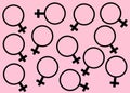 Duplicates of the female gender sign symbol against a light pink rose backdrop