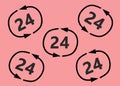 Duplicates of a pair of circulating curved bold black arrows with the number 24 within light red maroon backdrop