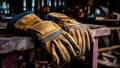 Modern Brown Work Gloves on Grungy Workshop Table, AI Generated Royalty Free Stock Photo