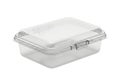 Durable clear plastic food storage container with secure latching lid for organized kitchen freshness Royalty Free Stock Photo