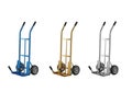 Durable hand trucks in blue, gold, and silver for efficient moving and logistics Royalty Free Stock Photo