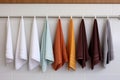 Durable Kitchen colorful towels hanging on rack. Generate AI