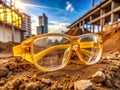 Durable Yellow Safety Glasses on a Construction Site A Focus on Worker Safety Amidst the Building Activity Royalty Free Stock Photo