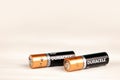 Duracell batteries on white background. Duracell is an American brand of batteries and smart power solutions manufactured by