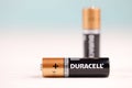 Duracell batteries on white background. Duracell is an American brand of batteries and smart power solutions manufactured by