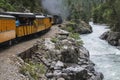 Durango and Silverton Narrow Gauge Railroad Steam Engine travels along Animas River, Colorado, USA Royalty Free Stock Photo